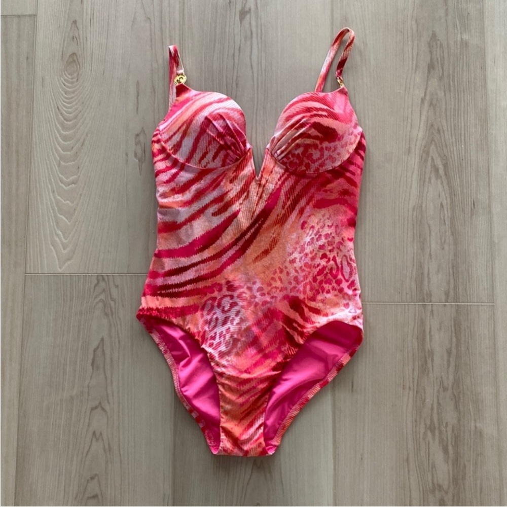 Natori hot pink one piece swimsuit B C Cup bra top open back resort revolve